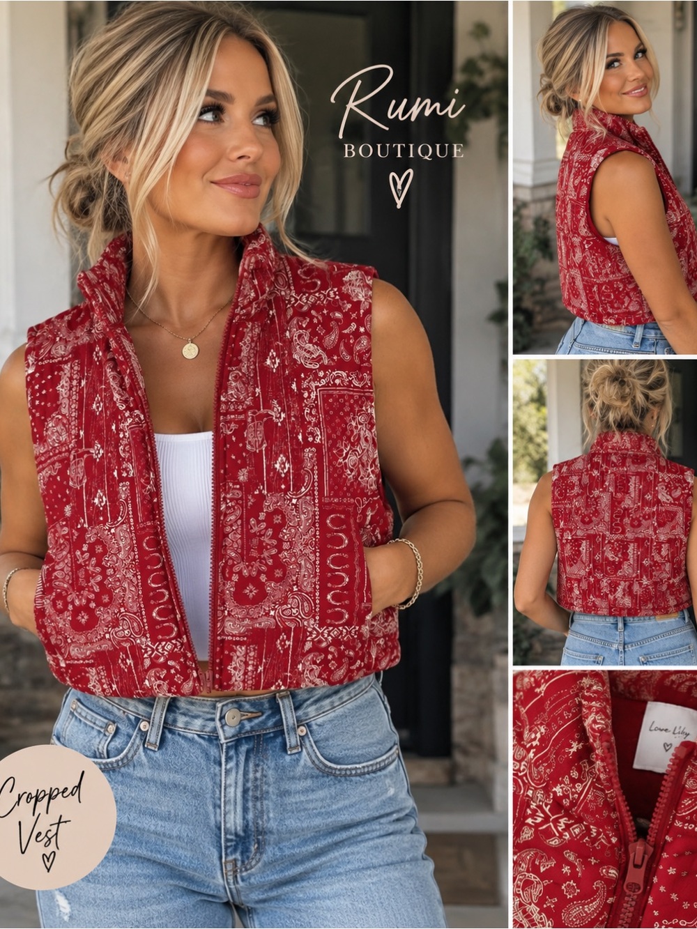 Red Paisley Cropped Puffer Vest